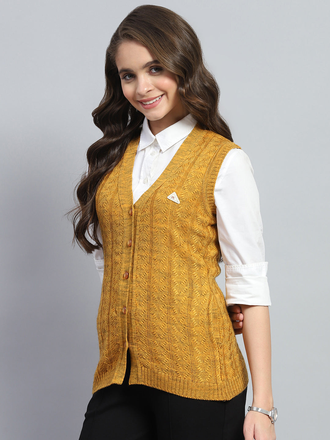 Women Yellow Self Design V Neck Sleeveless Cardigan