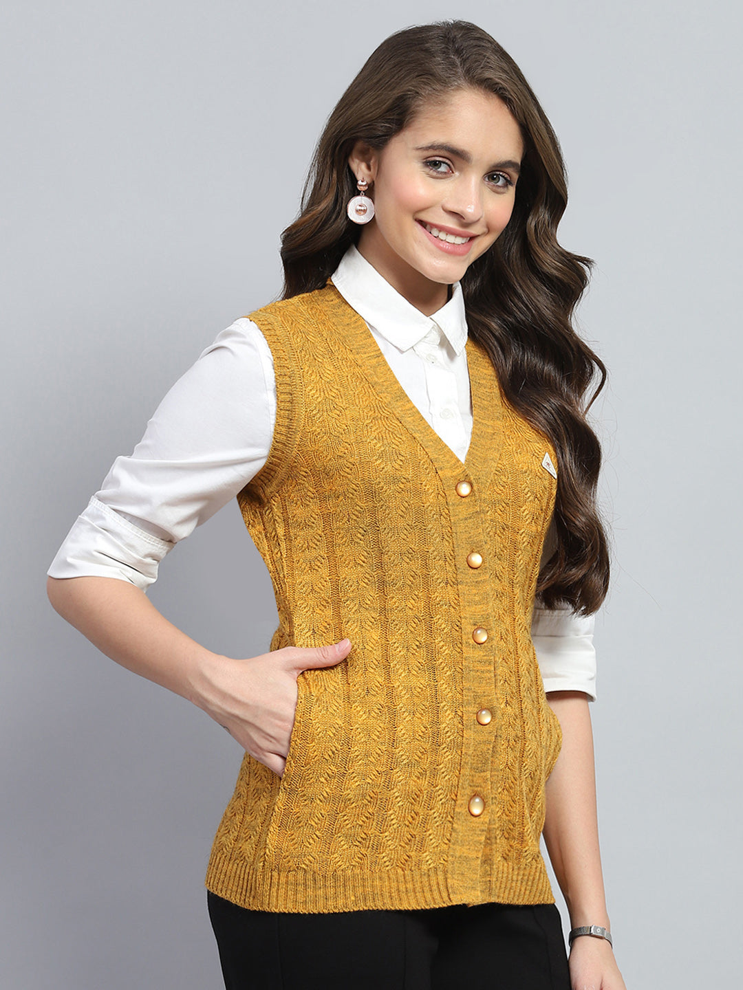 Women Yellow Self Design V Neck Sleeveless Cardigan