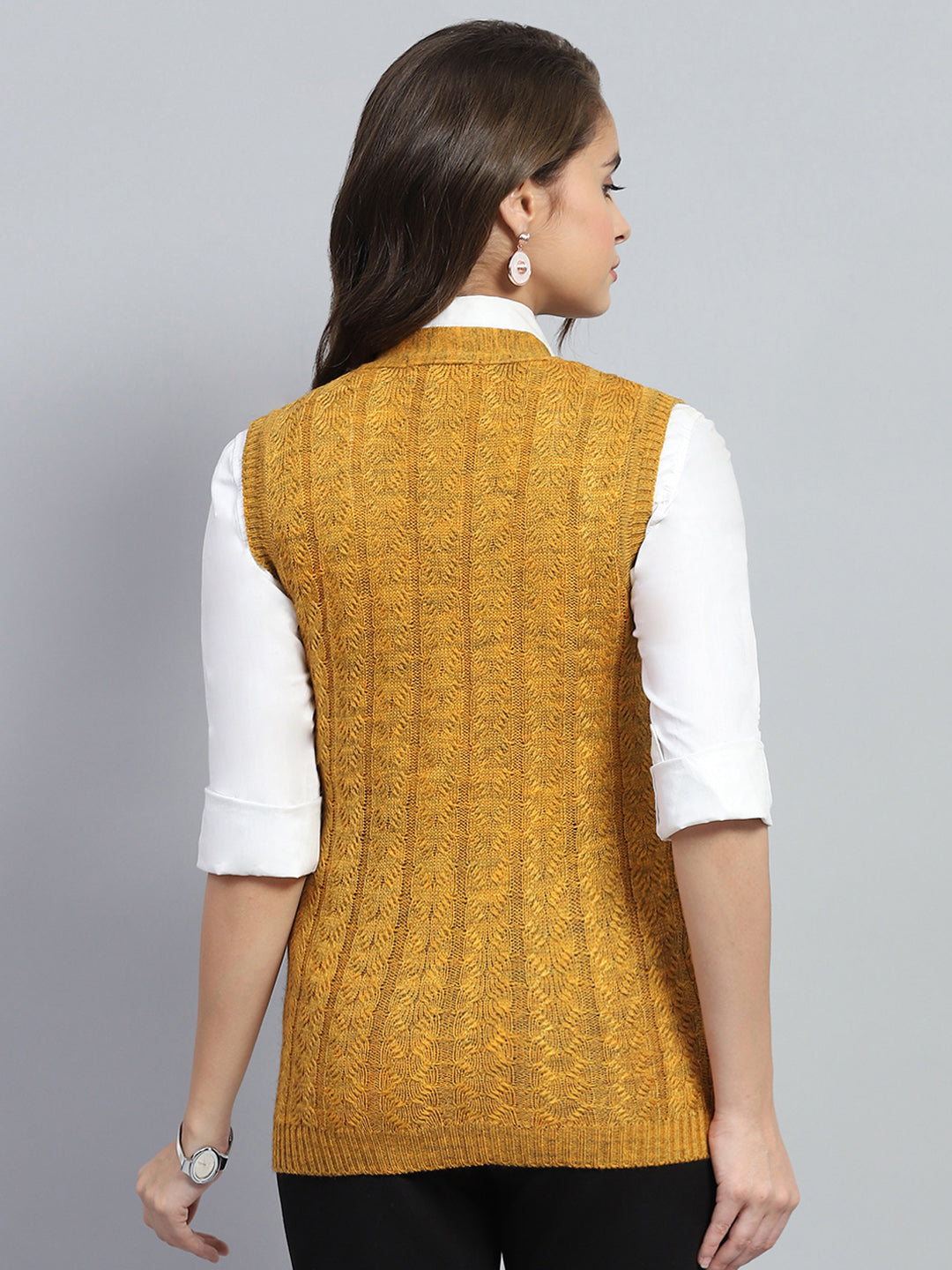 Women Yellow Self Design V Neck Sleeveless Cardigan