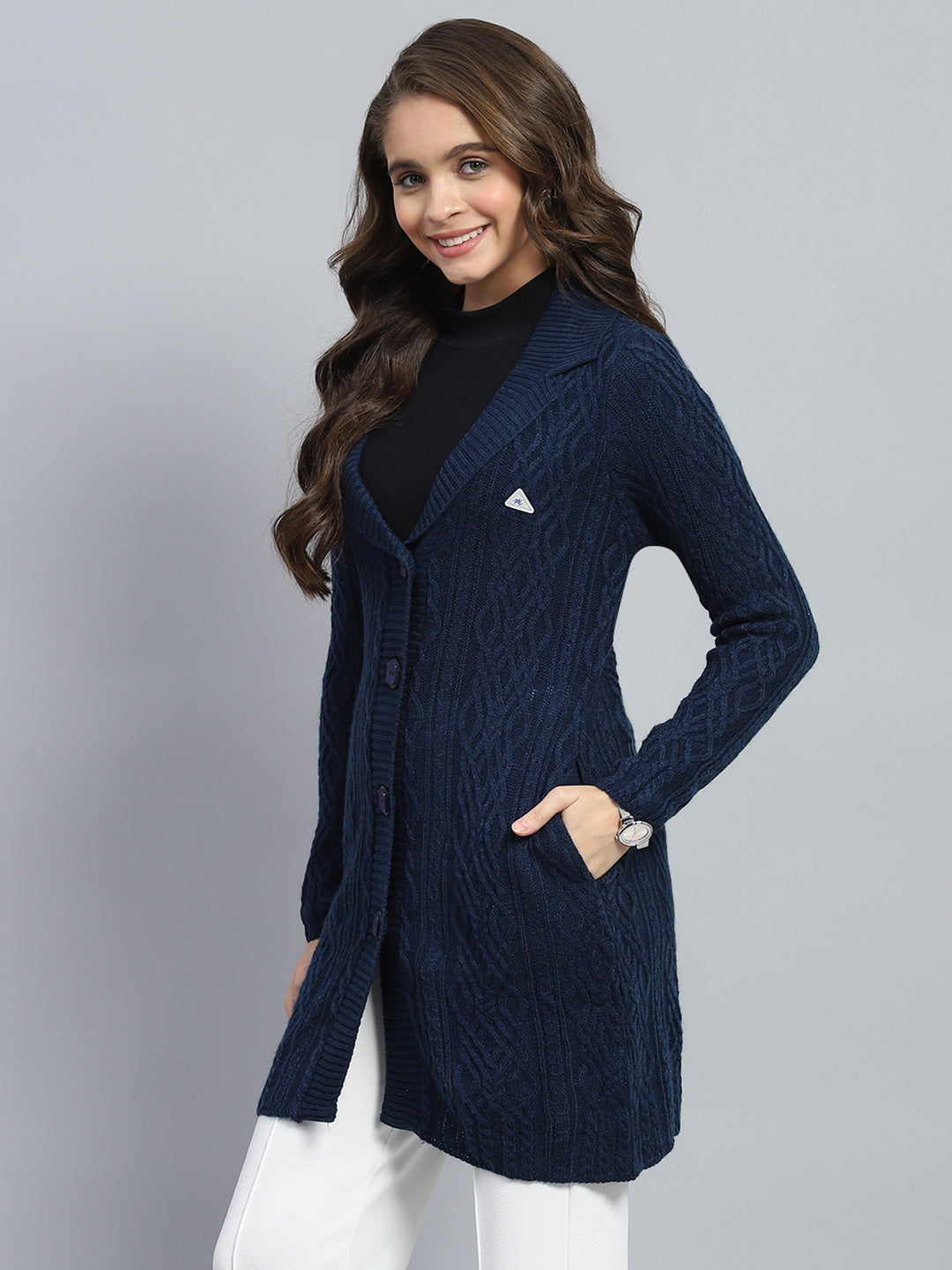 Women Navy Blue Self Design V Neck Full Sleeve Cardigan