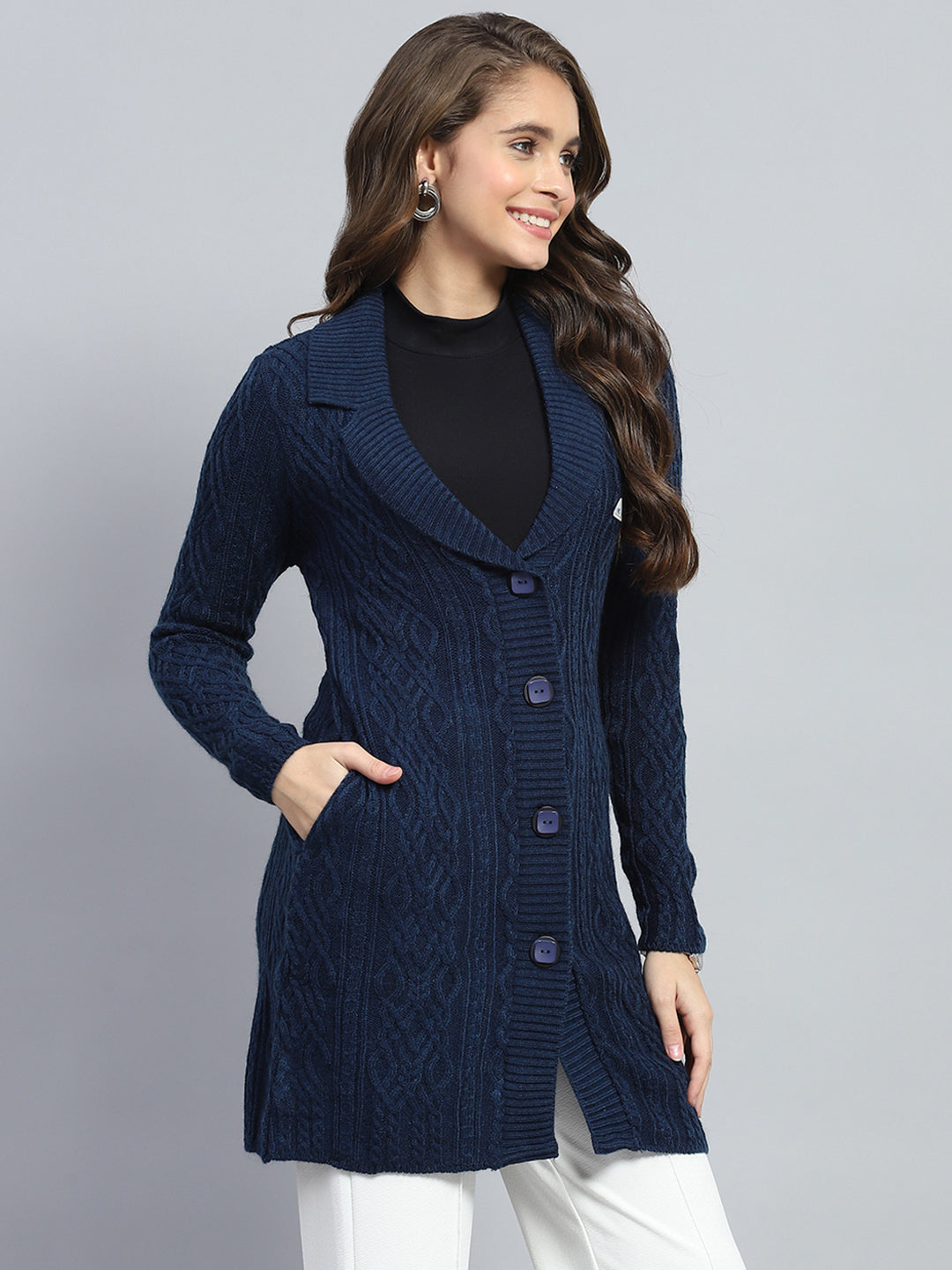 Women Navy Blue Self Design V Neck Full Sleeve Cardigan