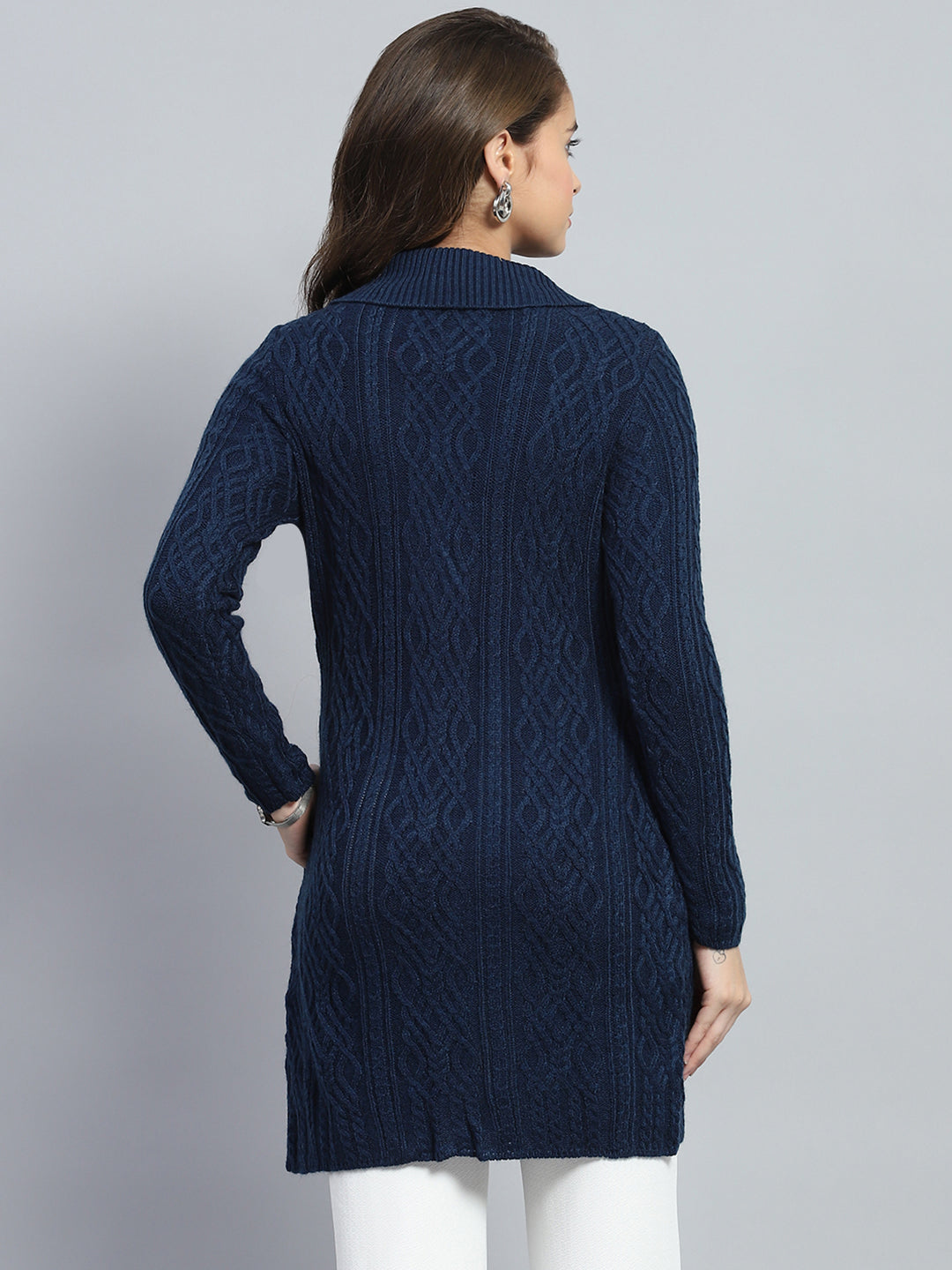 Women Navy Blue Self Design V Neck Full Sleeve Cardigan