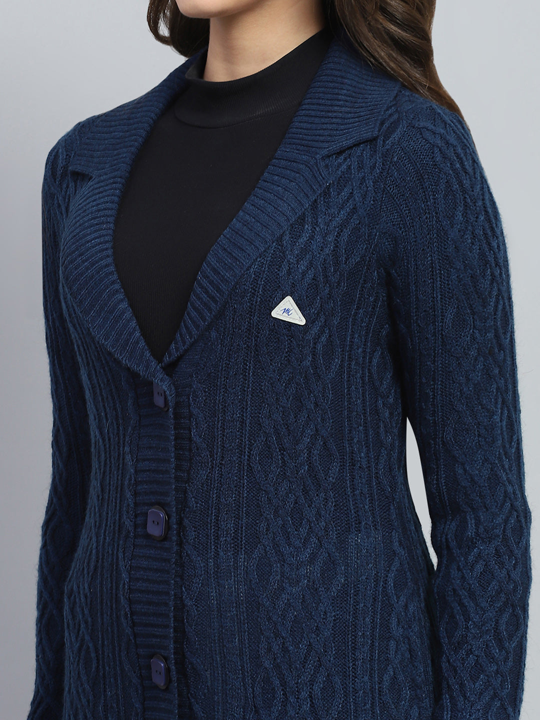 Women Navy Blue Self Design V Neck Full Sleeve Cardigan