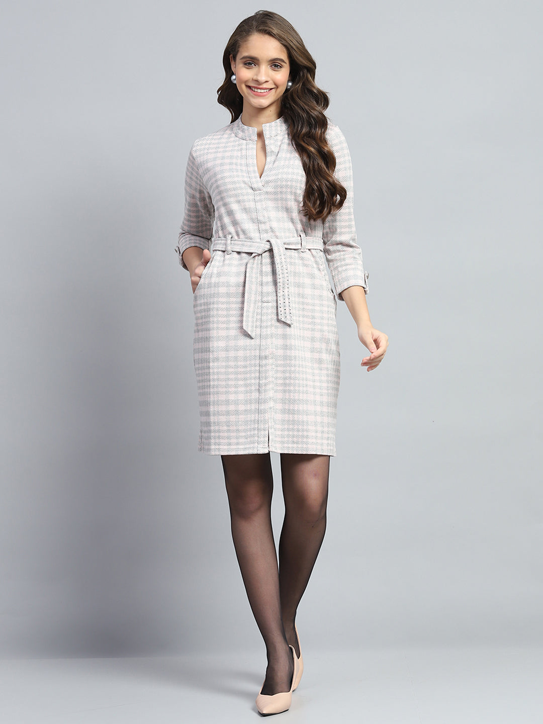 Women Grey & Pink Stripe Round Neck 3/4th Sleeve Dress