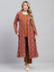 Women Rust Self Design Collar Full Sleeve 3 Pc set (Kurti+Shrug+Lower)