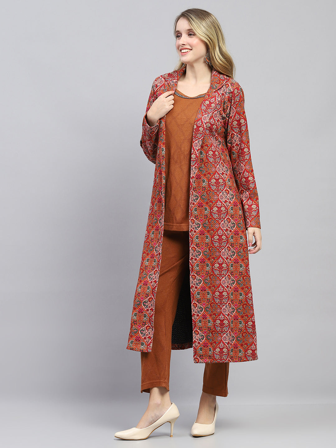 Women Rust Self Design Collar Full Sleeve 3 Pc set (Kurti+Shrug+Lower)