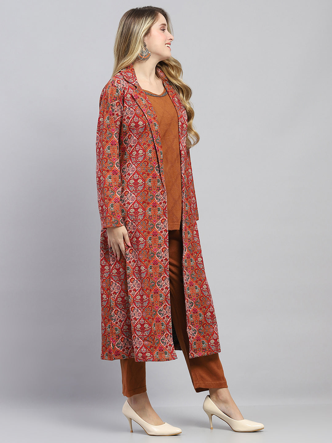 Women Rust Self Design Collar Full Sleeve 3 Pc set (Kurti+Shrug+Lower)