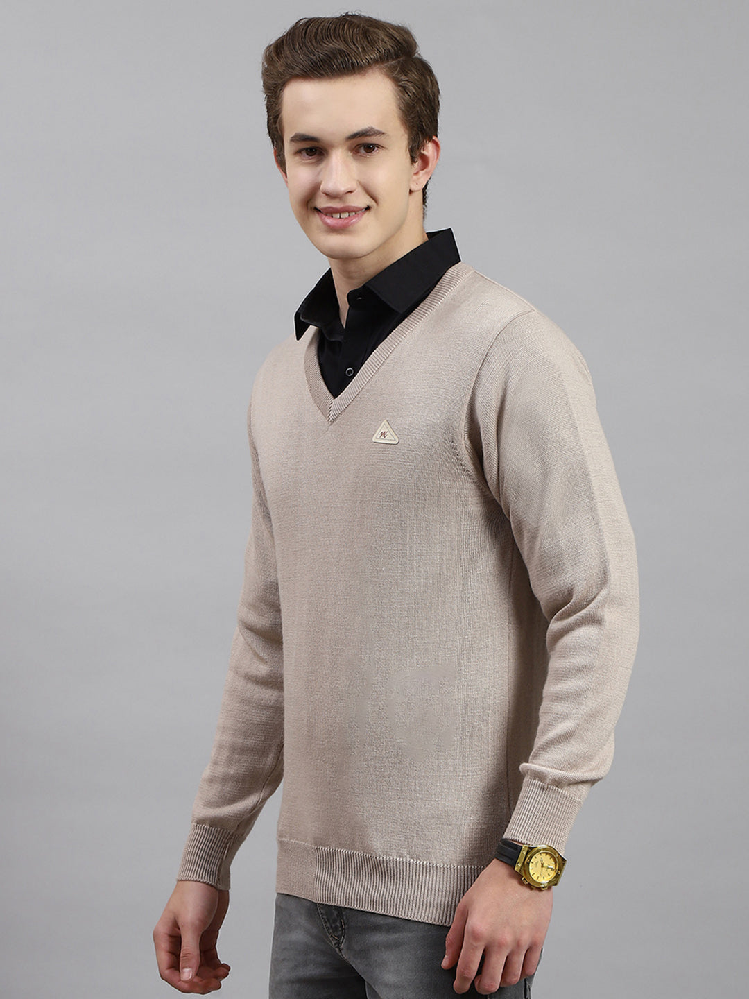 Men Beige Solid V Neck Full Sleeve Pullover