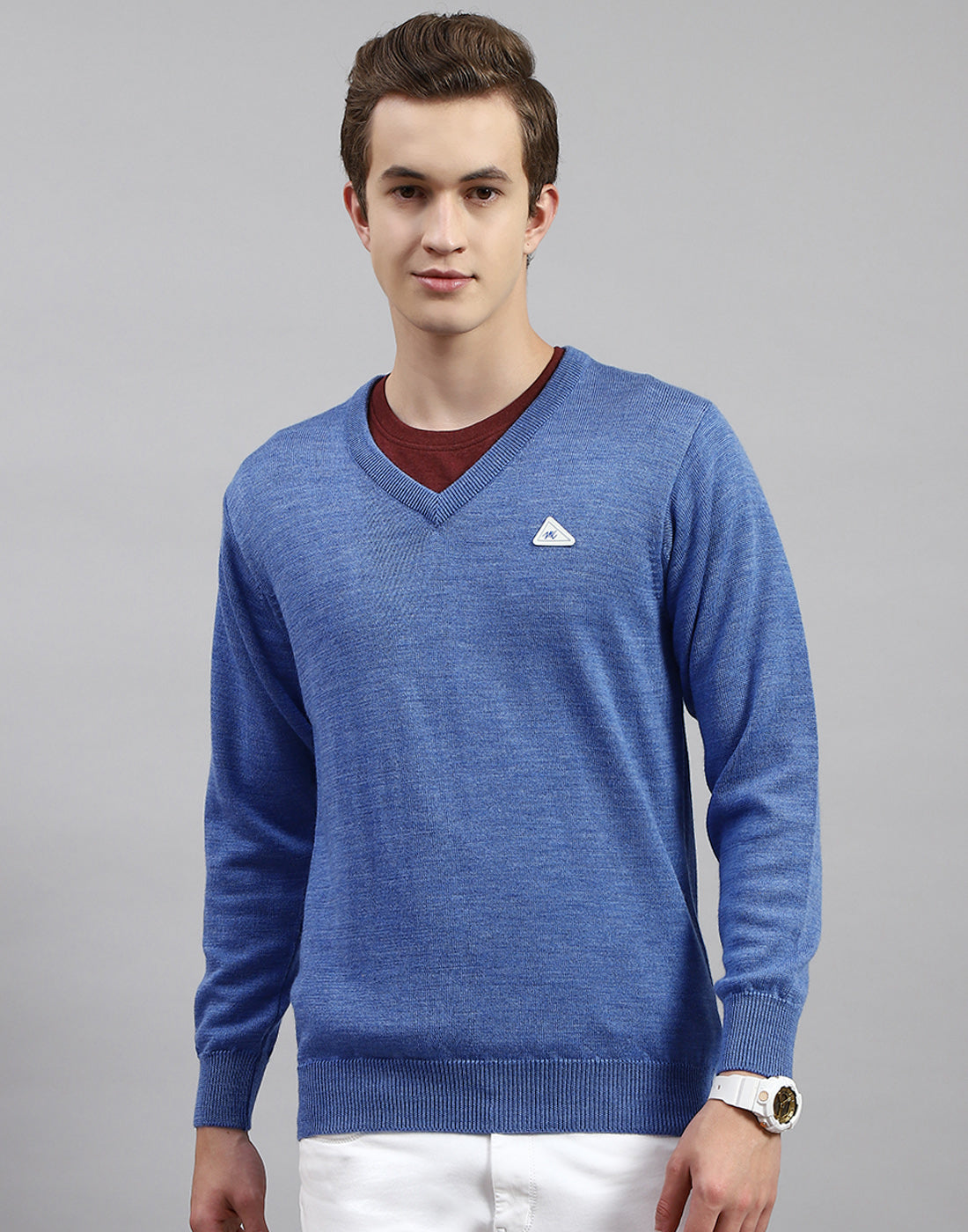 Men Blue Solid V Neck Full Sleeve Pullover