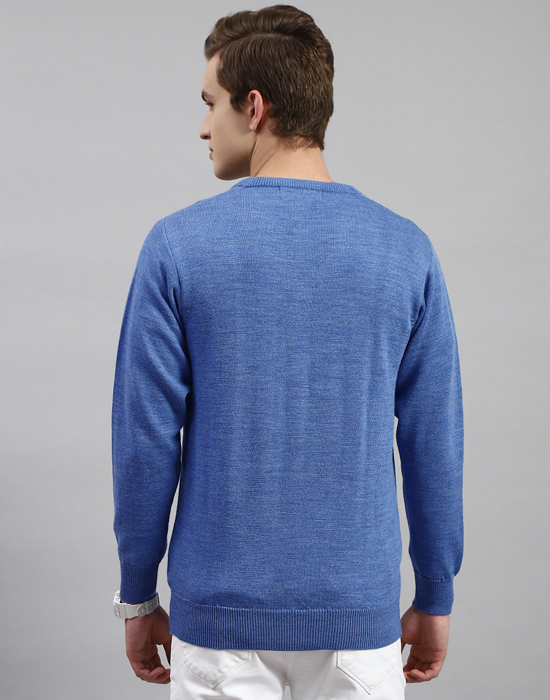 Men Blue Solid V Neck Full Sleeve Pullover