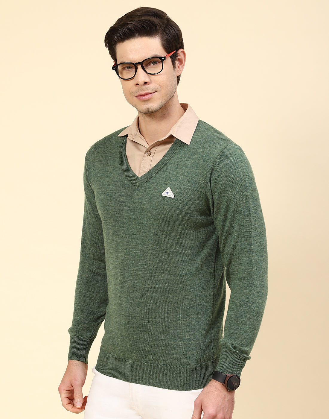 Men Green Solid V Neck Full Sleeve Pullover