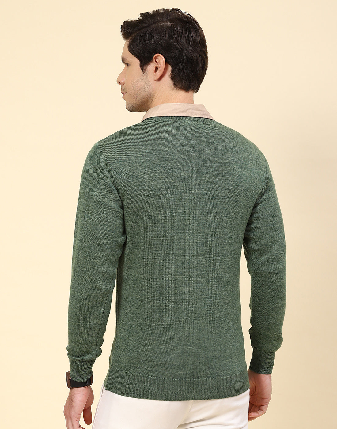 Men Green Solid V Neck Full Sleeve Pullover