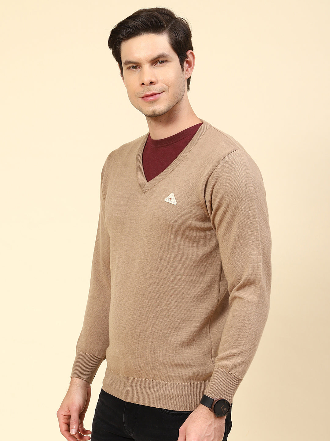 Men Khaki Solid V Neck Full Sleeve Pullover