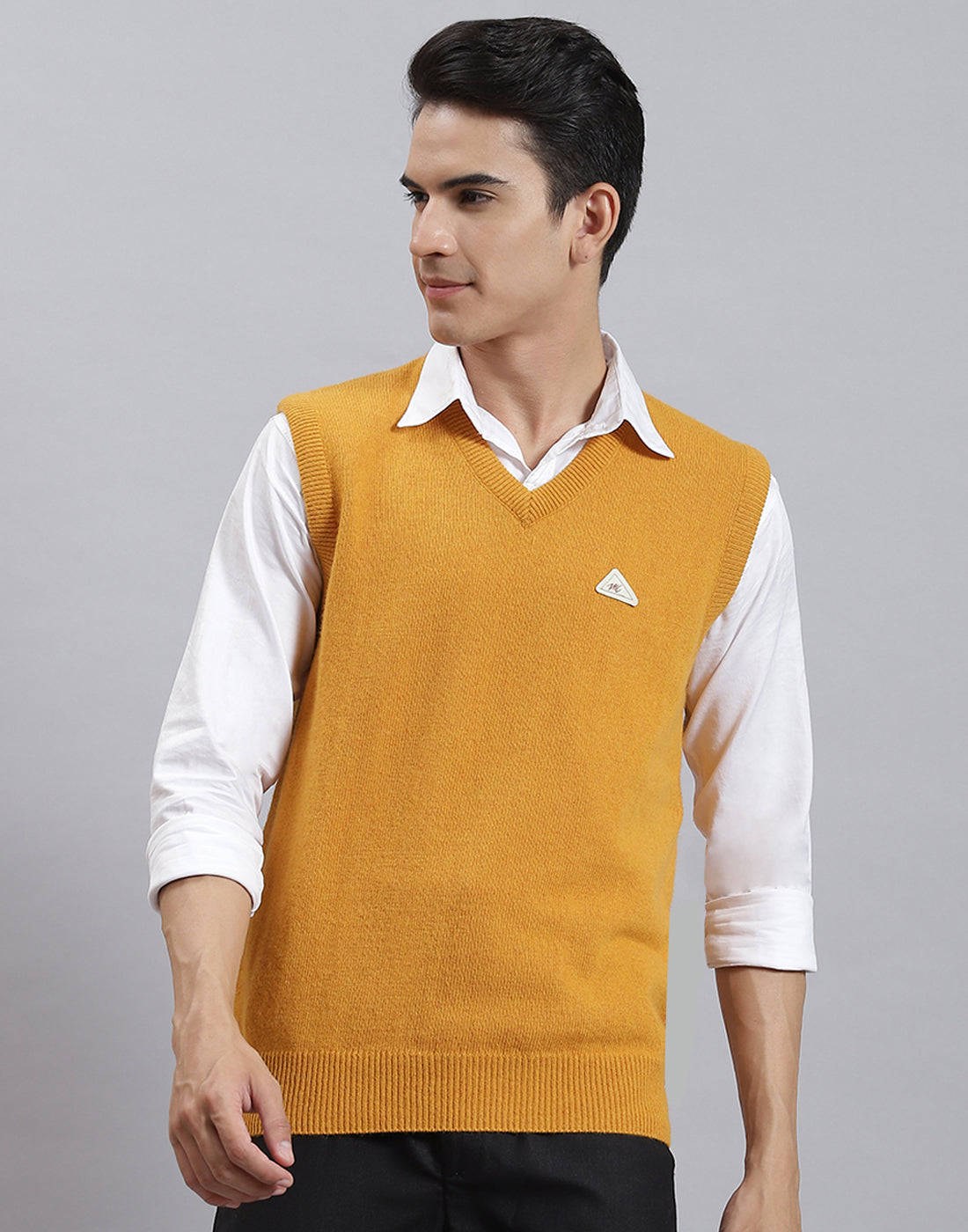 Men Mustard Solid V Neck Sleeveless Sweater