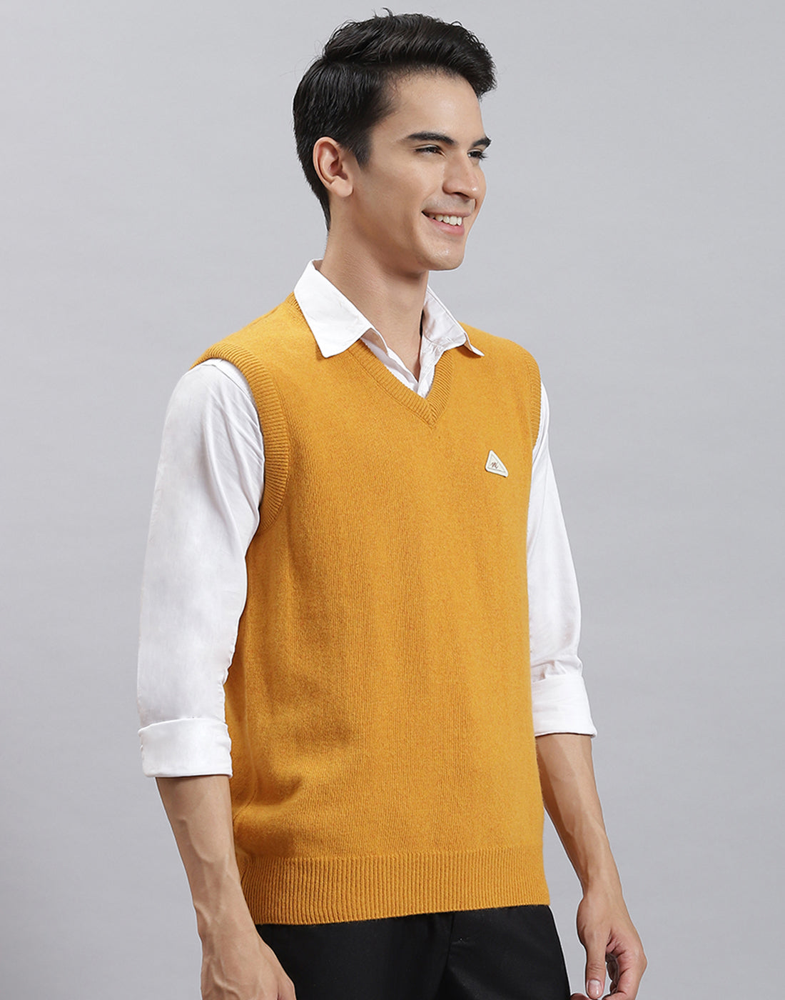 Men Mustard Solid V Neck Sleeveless Sweater