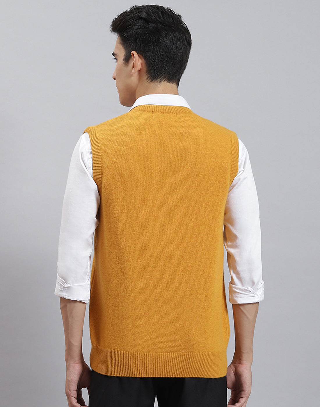 Men Mustard Solid V Neck Sleeveless Sweater