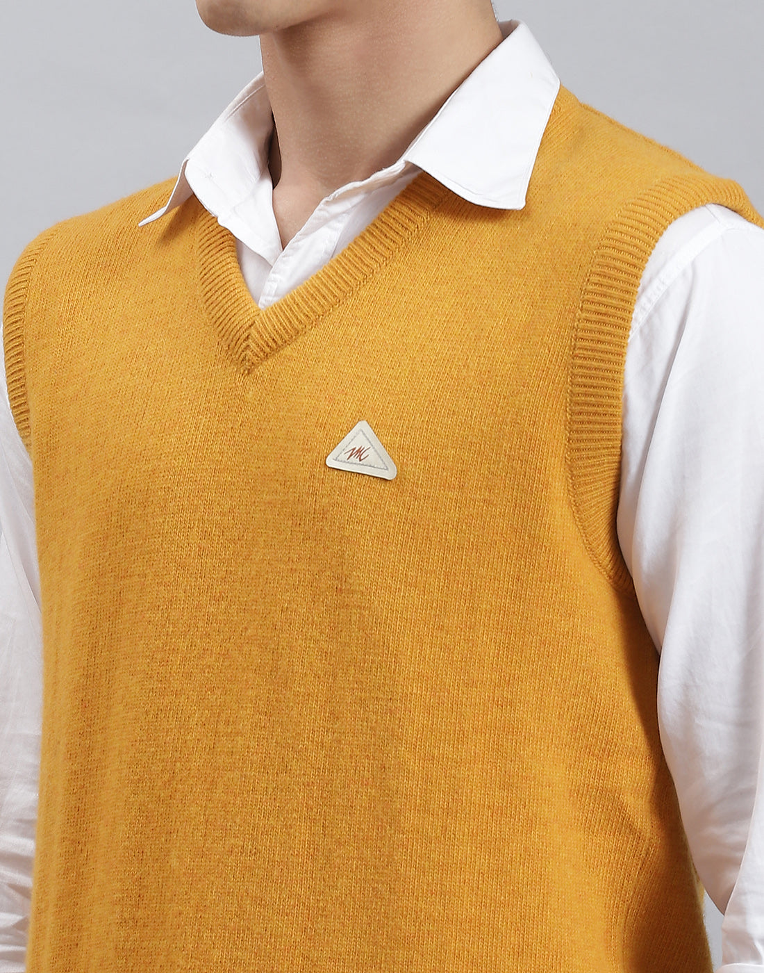 Men Mustard Solid V Neck Sleeveless Sweater