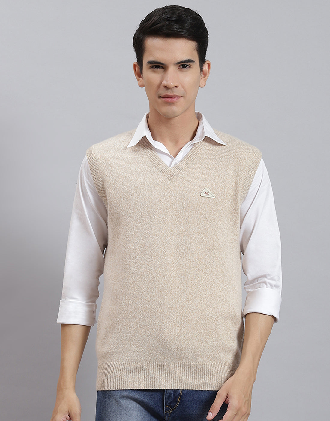 Men Beige Solid V Neck Sleeveless Sweater