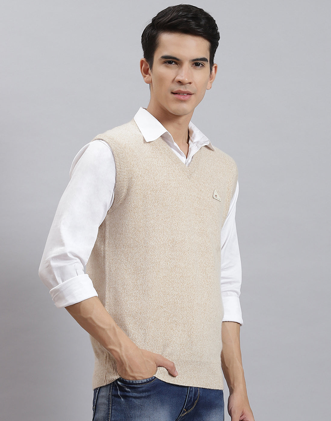 Men Beige Solid V Neck Sleeveless Sweater