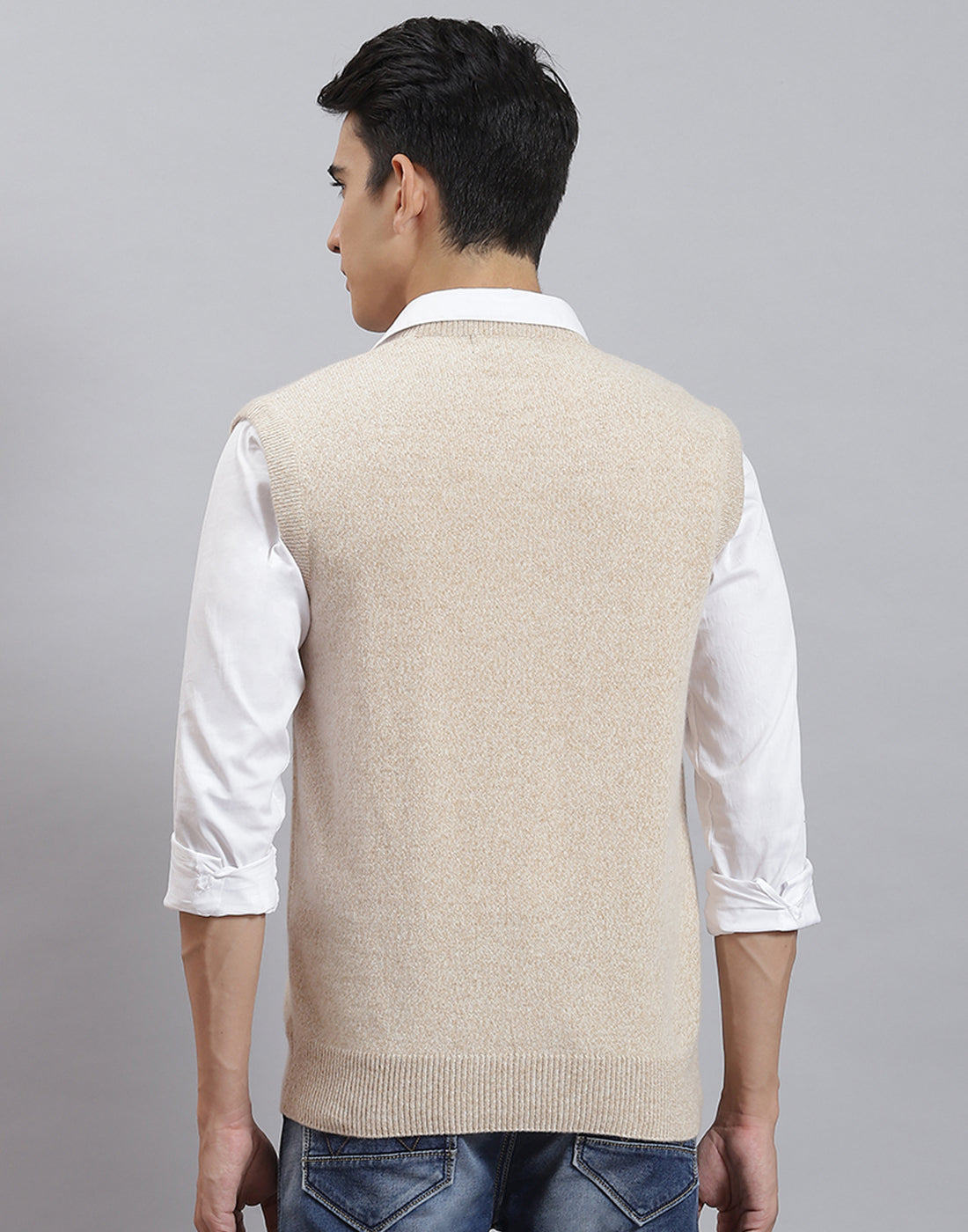 Men Beige Solid V Neck Sleeveless Sweater