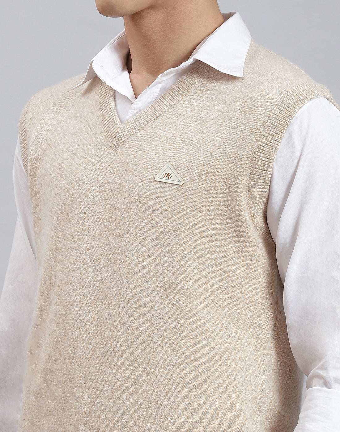 Men Beige Solid V Neck Sleeveless Sweater