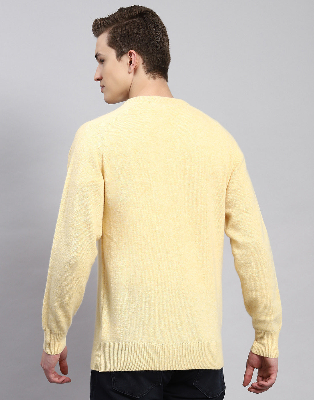 Men Yellow Solid V Neck Full Sleeve Pullover