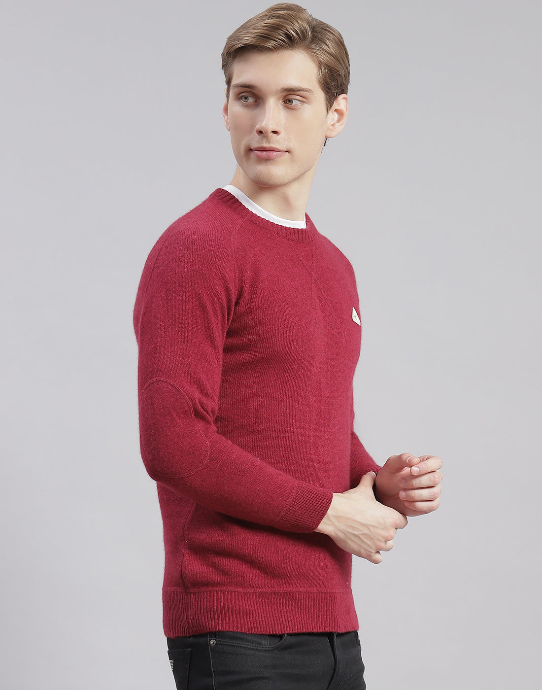 Men Maroon Solid Round Neck Full Sleeve Pullover