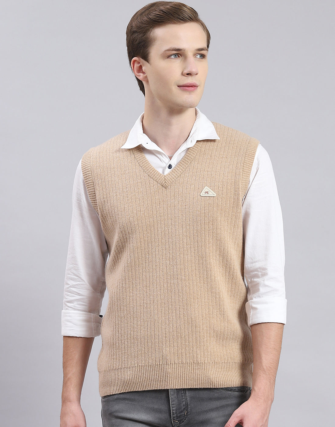 Men Beige Solid V Neck Sleeveless Sweater