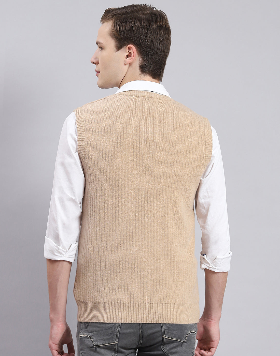 Men Beige Solid V Neck Sleeveless Sweater