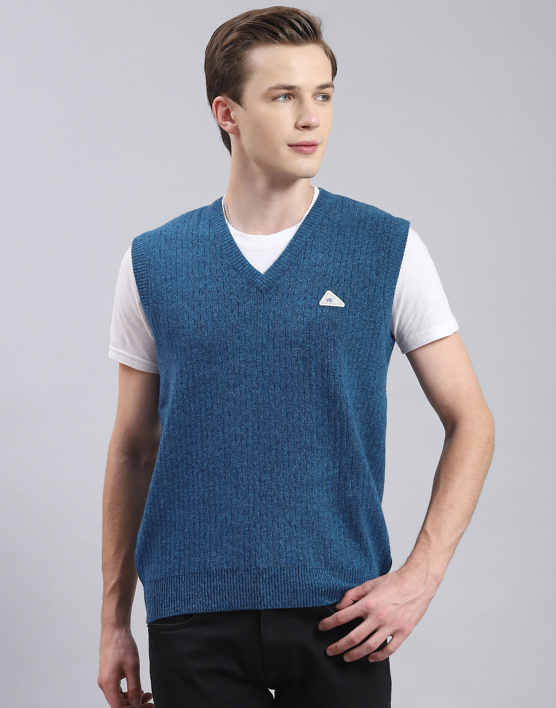 Men Turquoise Blue Solid V Neck Sleeveless Sweater