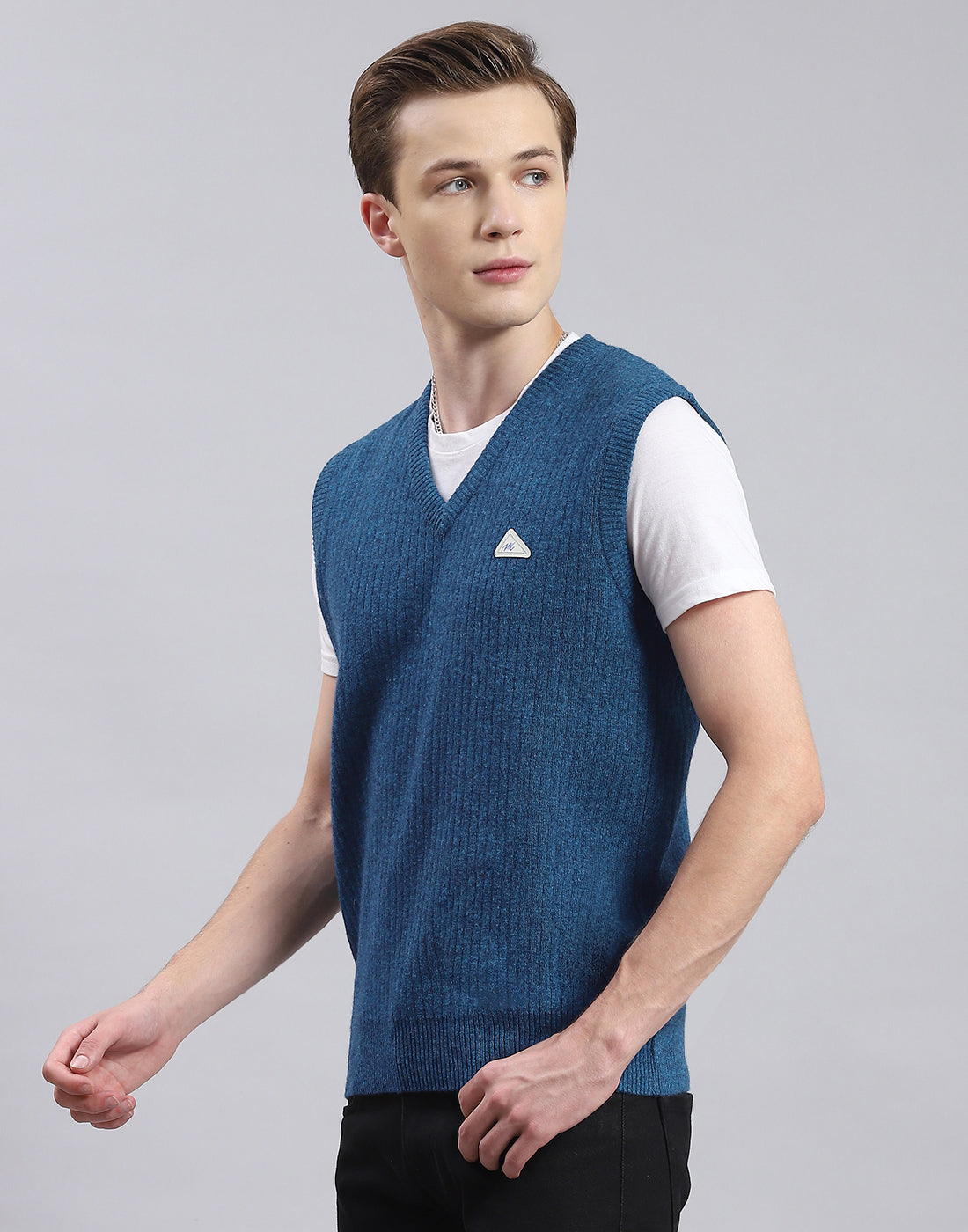 Men Turquoise Blue Solid V Neck Sleeveless Sweater