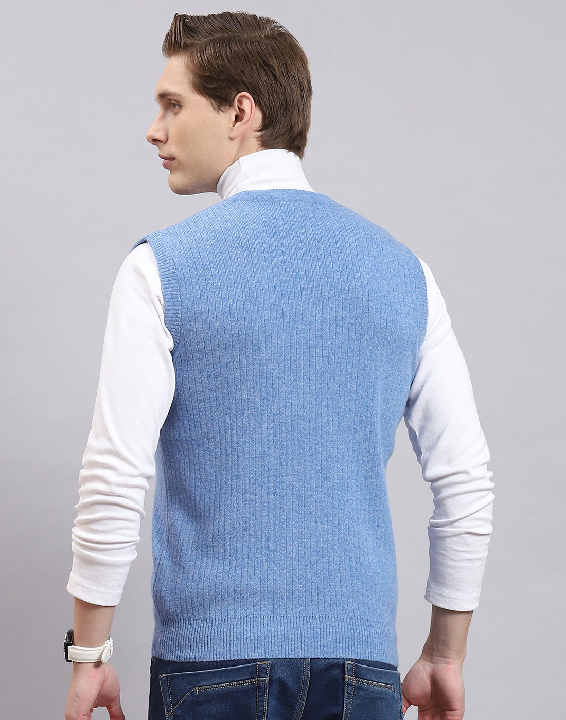 Men Blue Solid V Neck Sleeveless Sweater