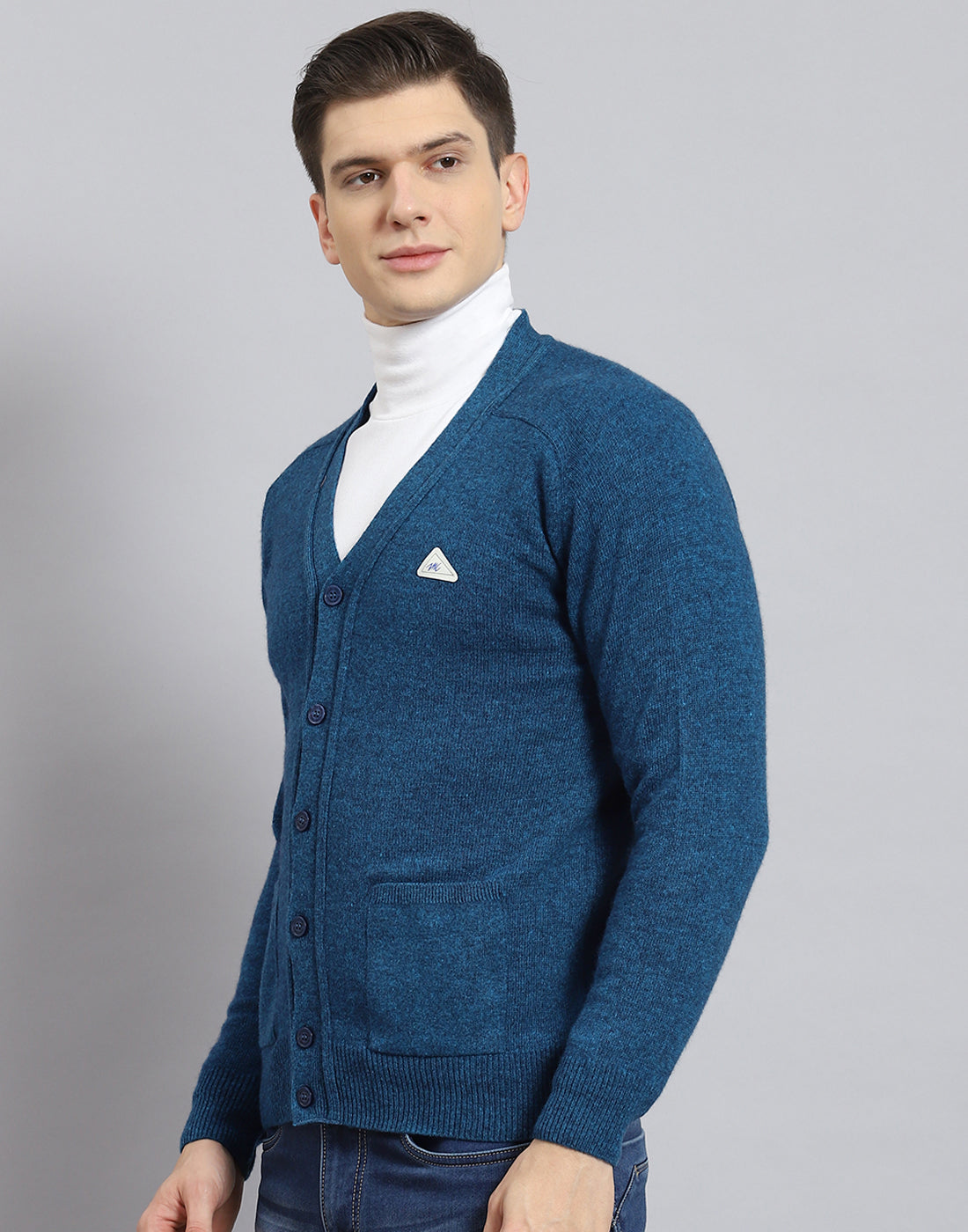 Men Turquoise Blue Solid V Neck Full Sleeve Cardigan