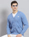 Men Blue Solid V Neck Full Sleeve Cardigan