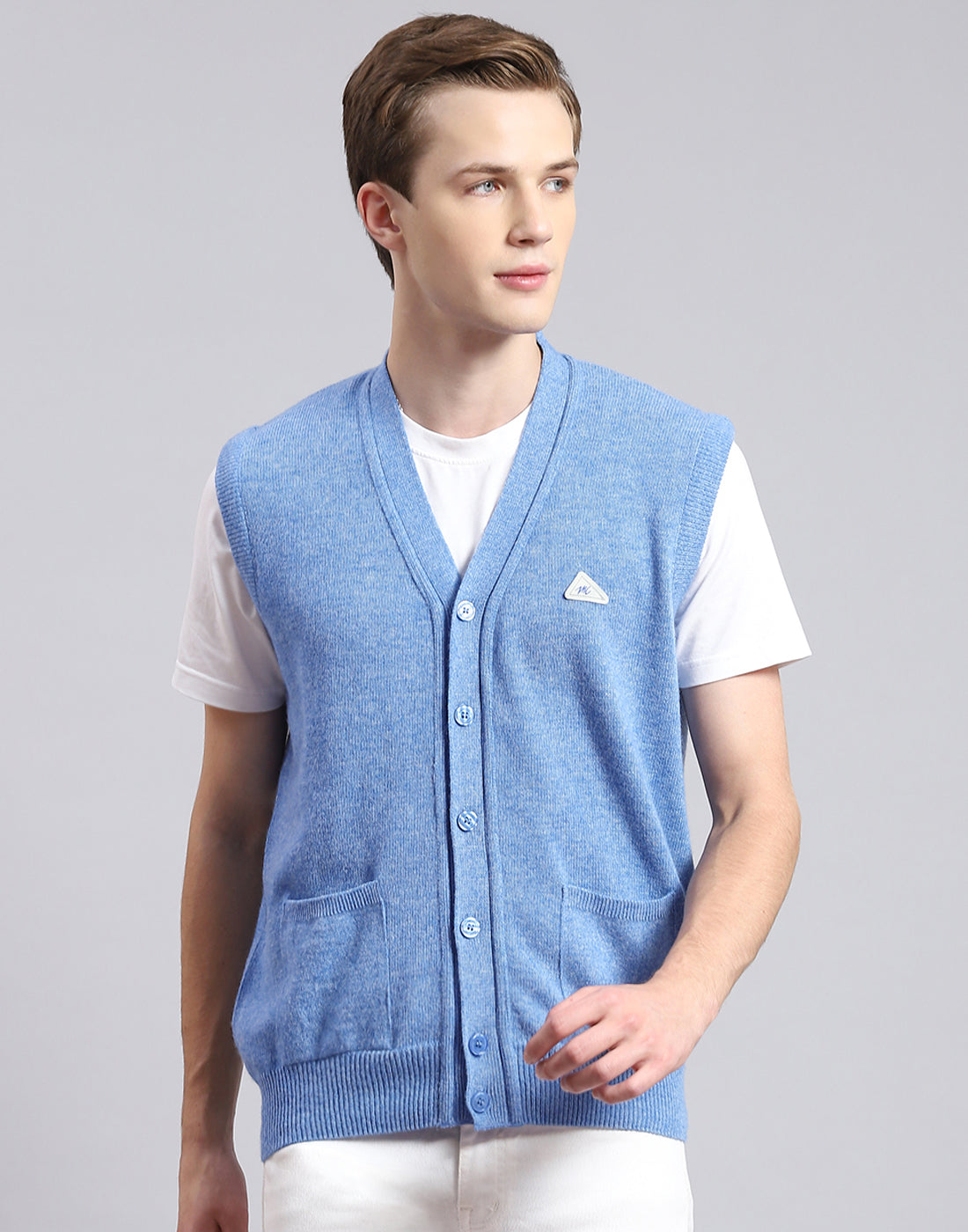 Men Blue Solid V Neck Sleeveless Cardigan