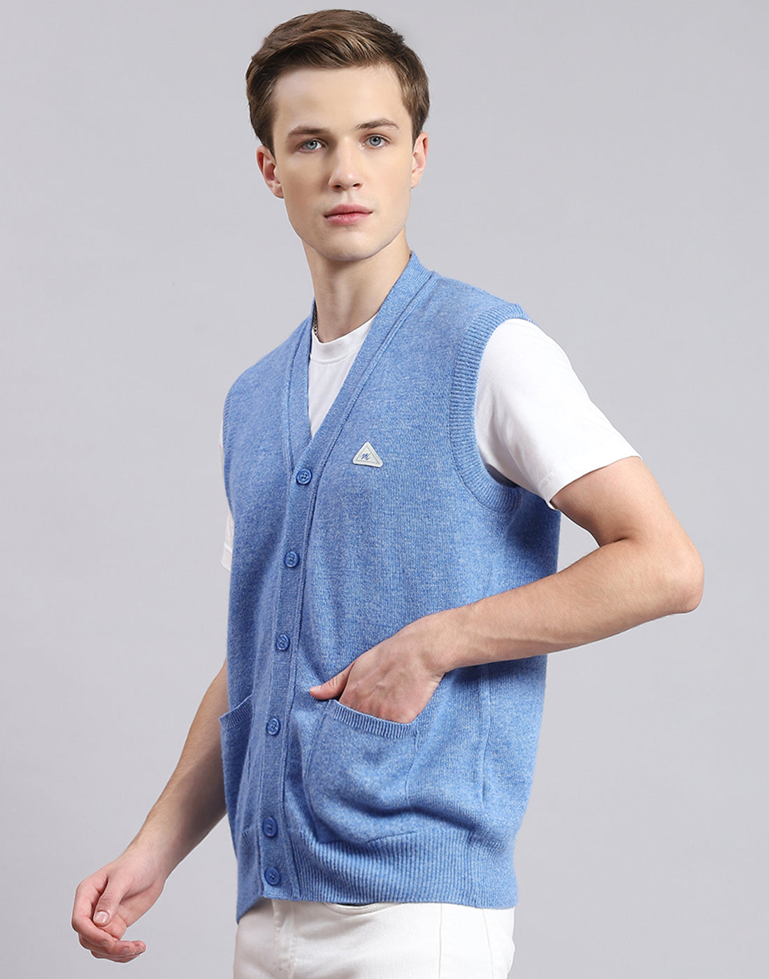 Men Blue Solid V Neck Sleeveless Cardigan