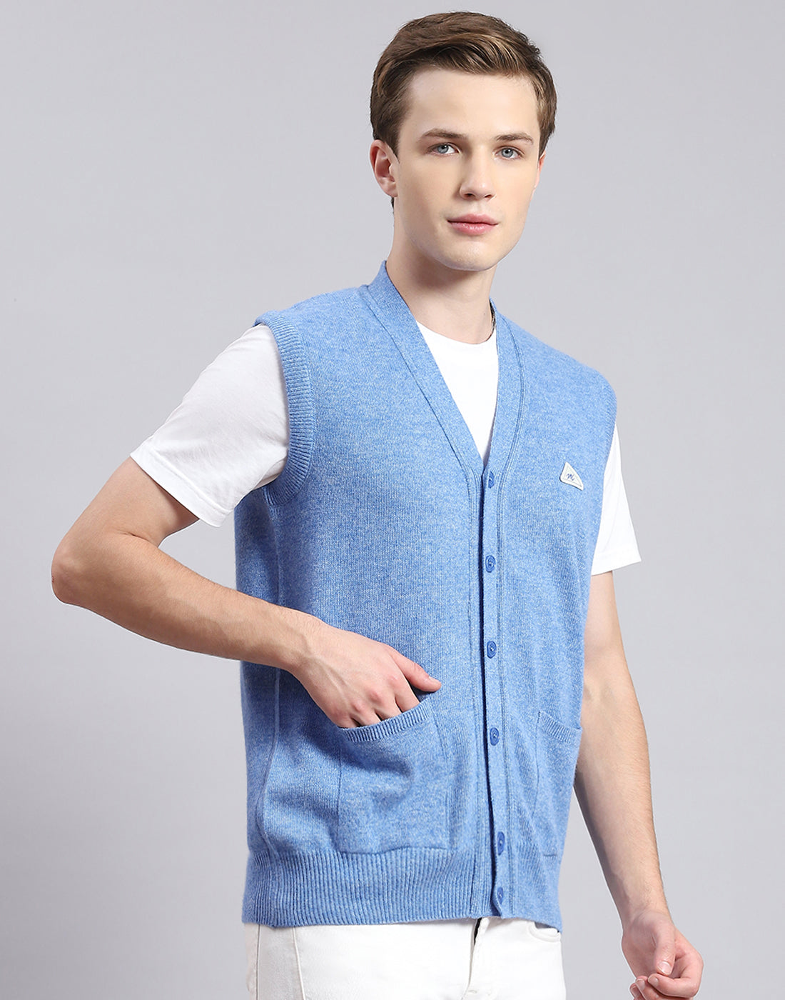 Men Blue Solid V Neck Sleeveless Cardigan