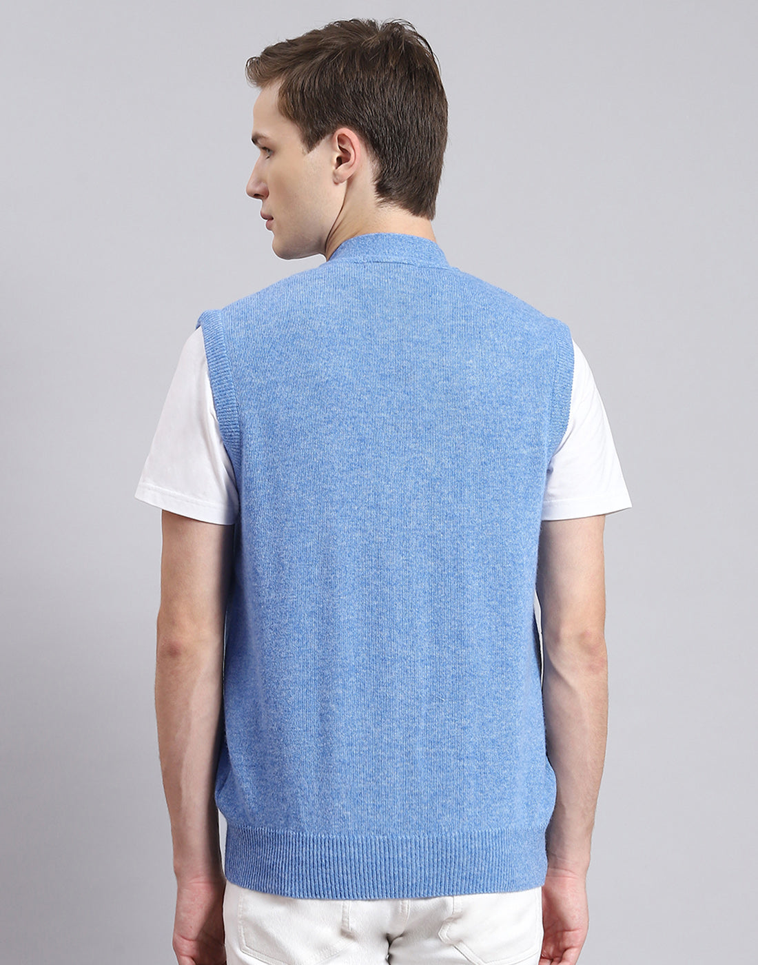 Men Blue Solid V Neck Sleeveless Cardigan