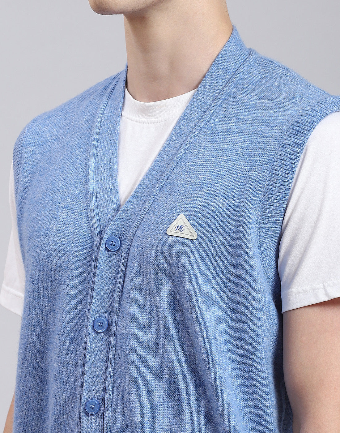 Men Blue Solid V Neck Sleeveless Cardigan