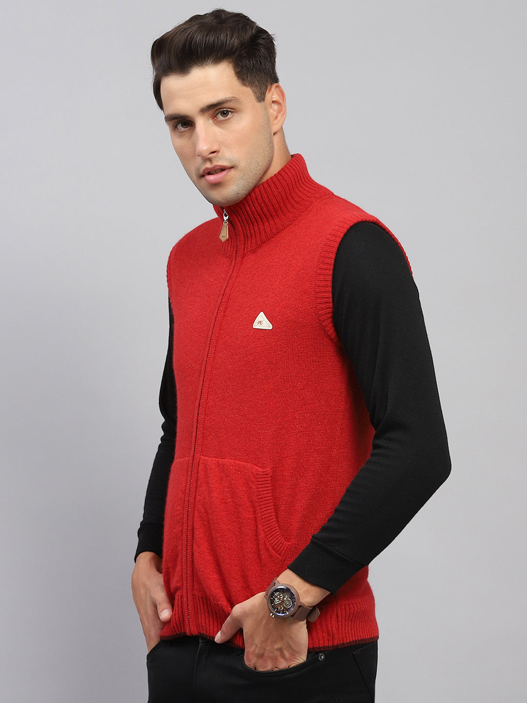 Men Maroon Solid High Neck Sleeveless Sweater