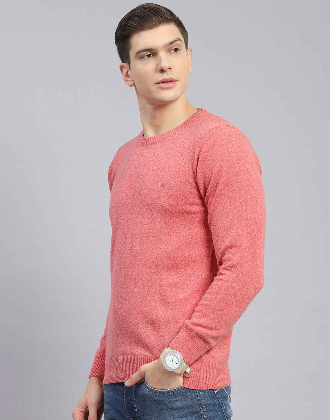 Men Pink Solid Round Neck Full Sleeve Pullover