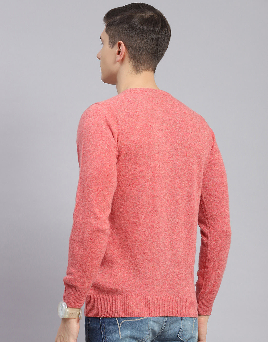 Men Pink Solid Round Neck Full Sleeve Pullover