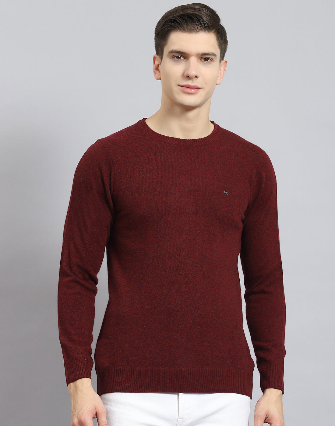 Men Maroon Solid Round Neck Full Sleeve Pullover