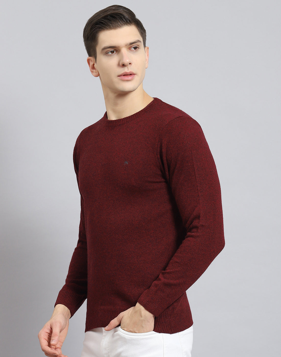 Men Maroon Solid Round Neck Full Sleeve Pullover