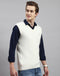 Men Off White Solid V Neck Sleeveless Sweater