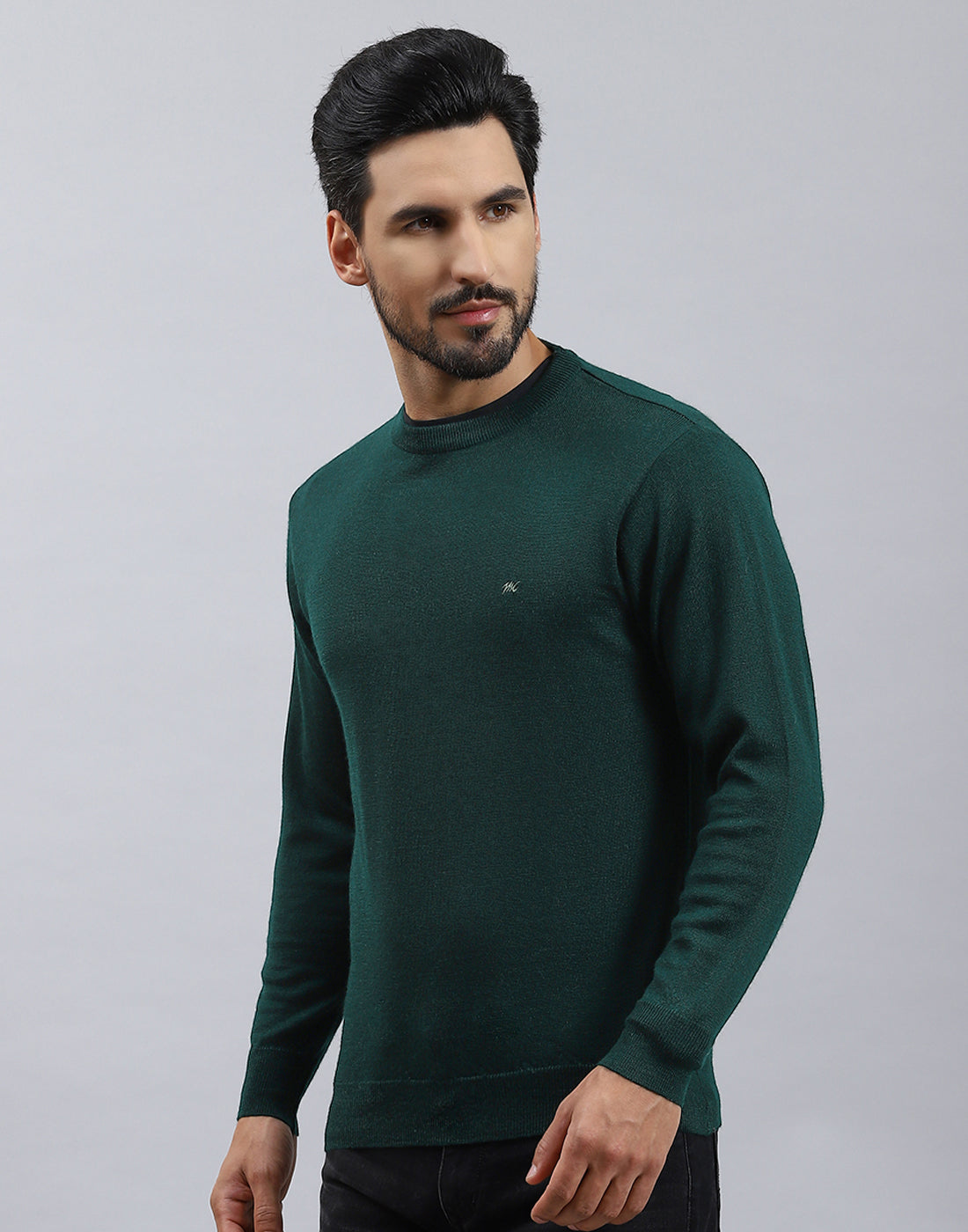 Men Green Solid Round Neck Full Sleeve Pullover