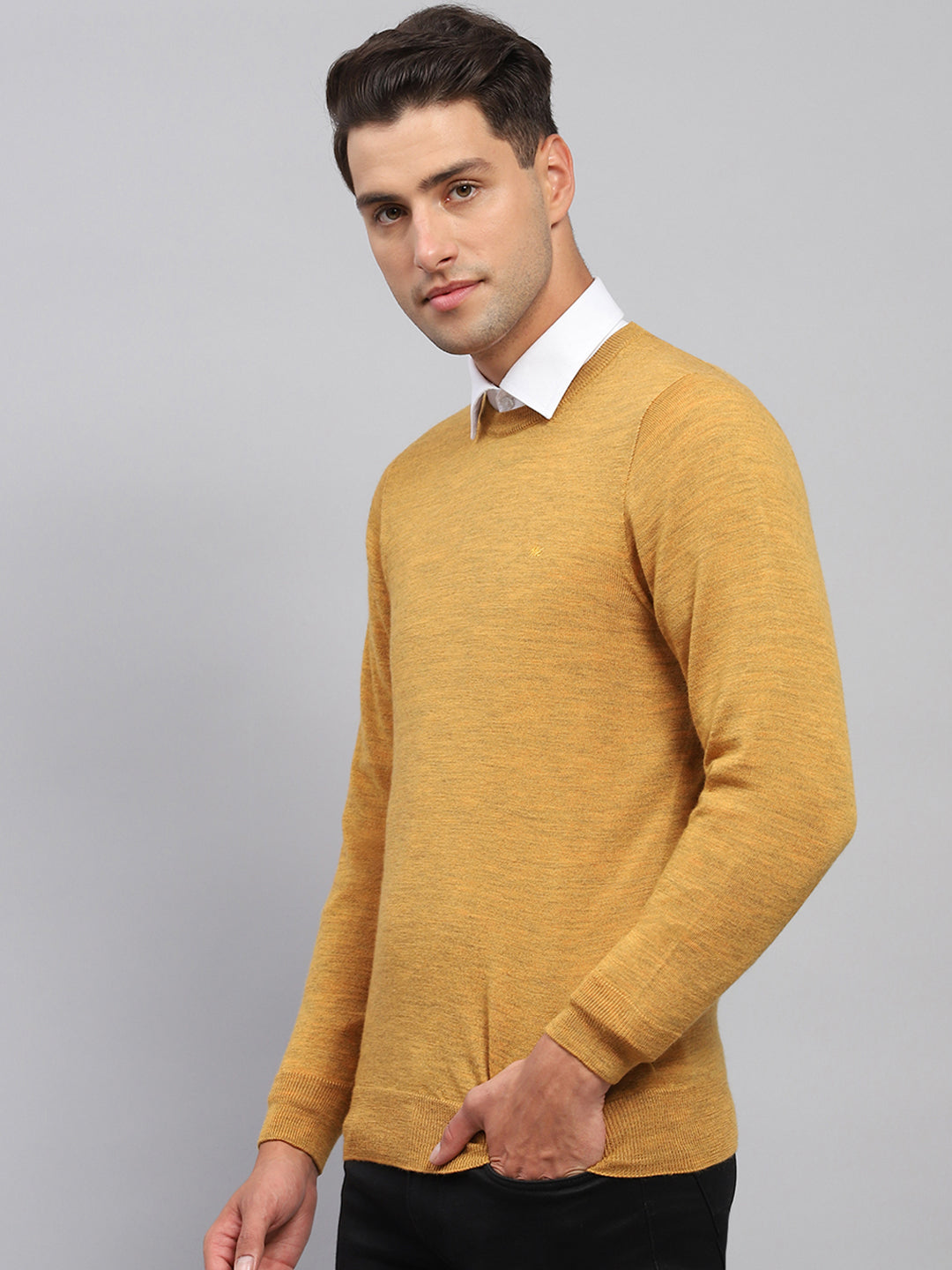 Men Mustard Solid Round Neck Full Sleeve Pullover