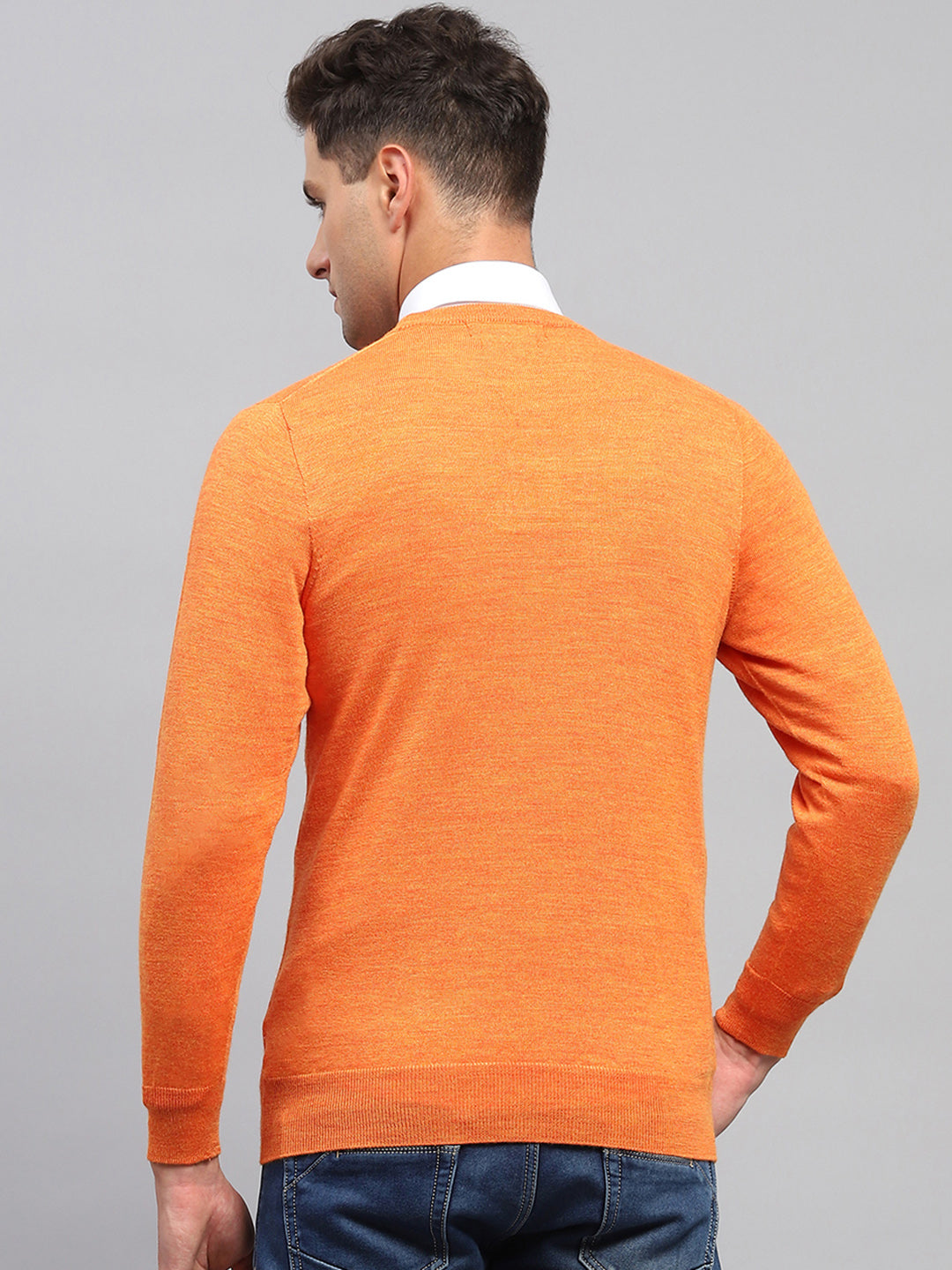 Men Orange Solid Round Neck Full Sleeve Pullover