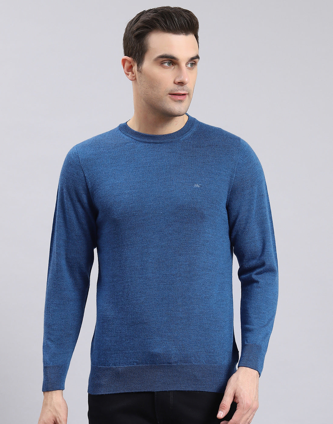 Men Blue Solid Round Neck Full Sleeve Pullover