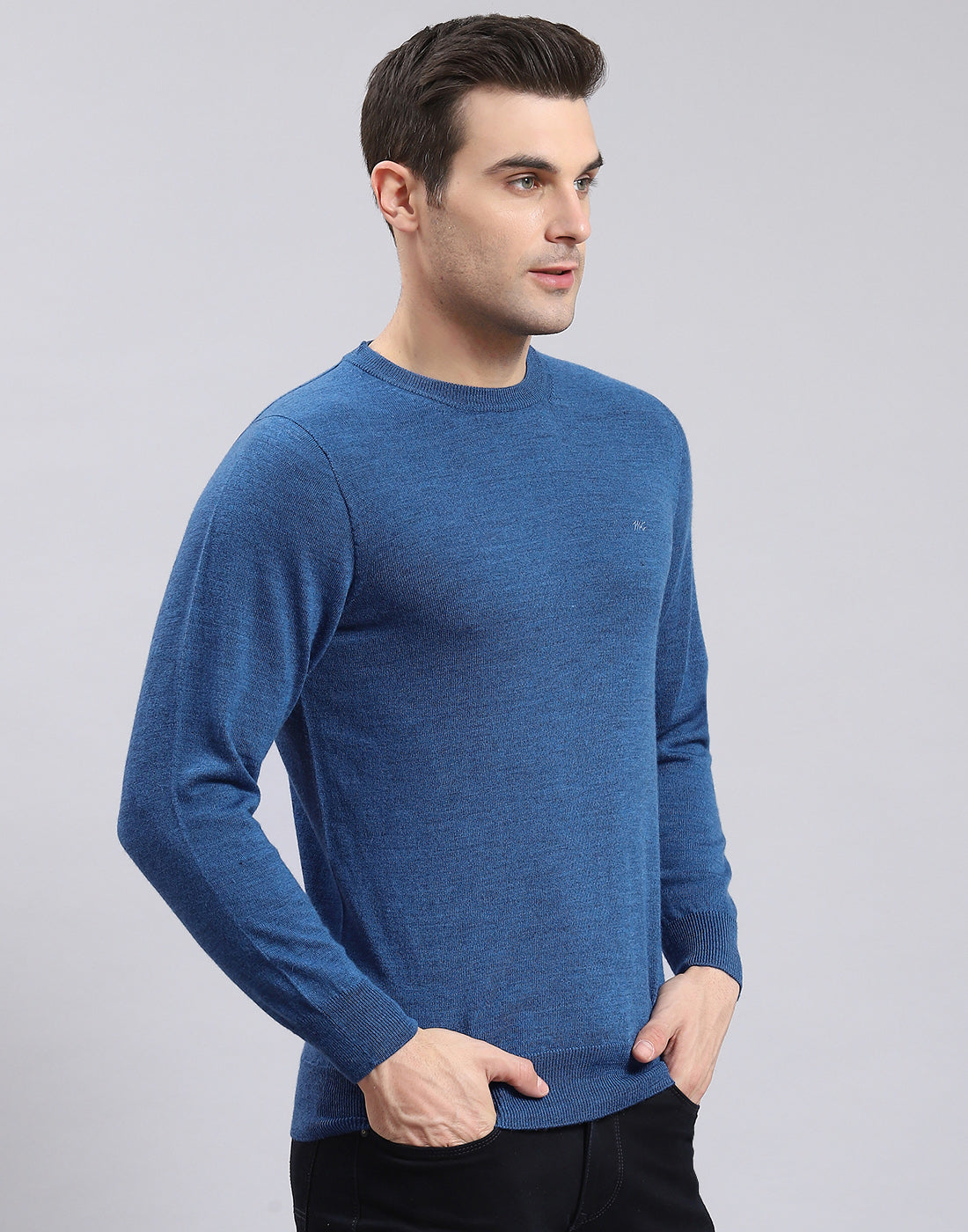 Men Blue Solid Round Neck Full Sleeve Pullover